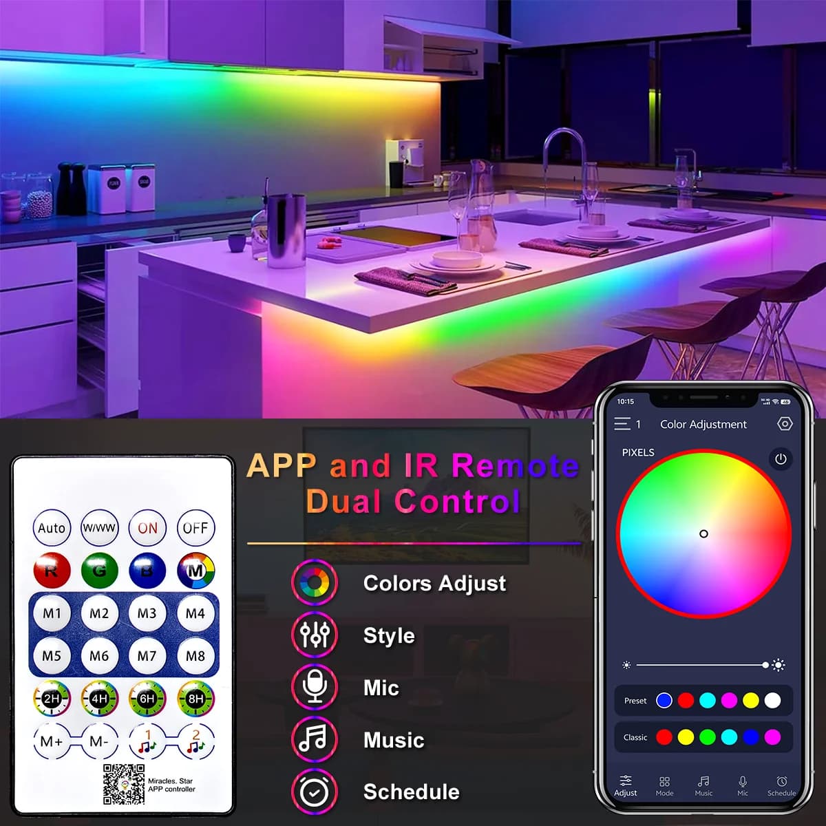 Tira de luces neón iridiscente USB con control remoto Bluetooth