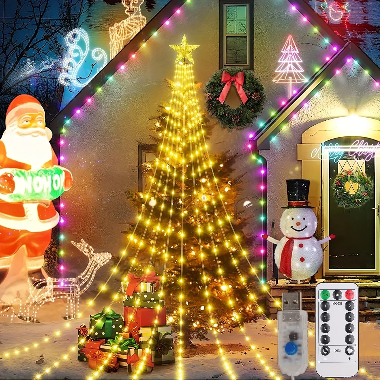Guirnalda de luces cascada USB, LED decorativa blanco cálido y multicolor