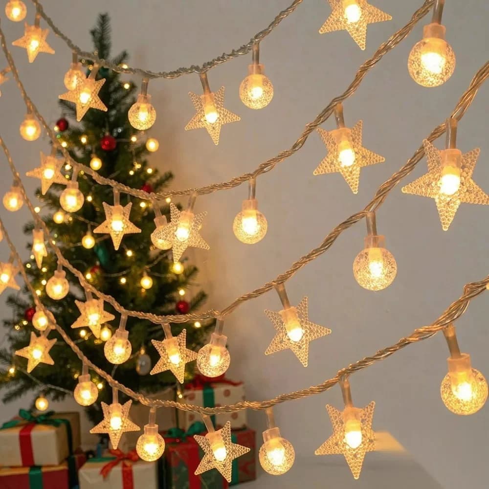 Luces de guirnalda solar con esferas y estrellas, blanco cálido multicolor