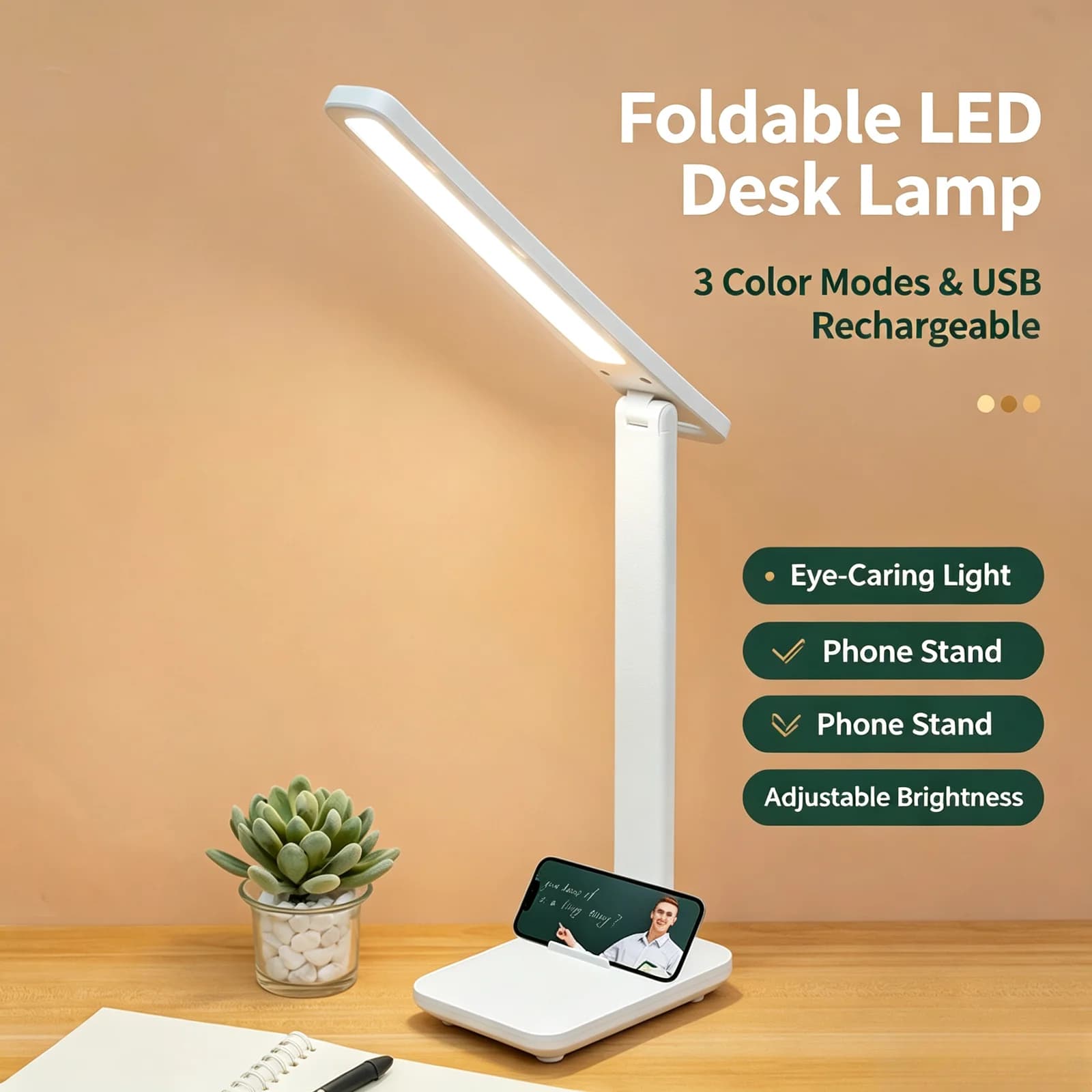 Lámpara de escritorio LED plegable con USB recargable y soporte para teléfono
