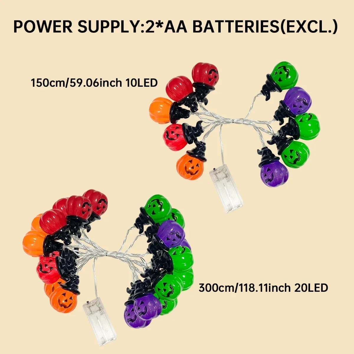 Guirnalda de luces LED multicolor con calabazas, sombreros de bruja y caras de fantasma