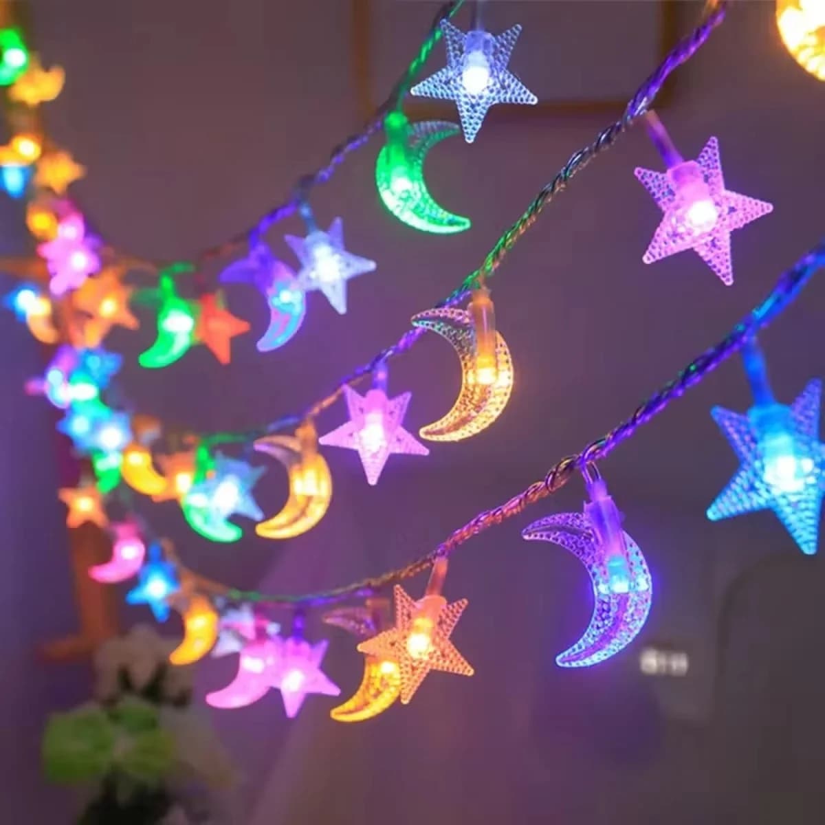 Luces de hadas de luna y estrella a pilas, blanco cálido
