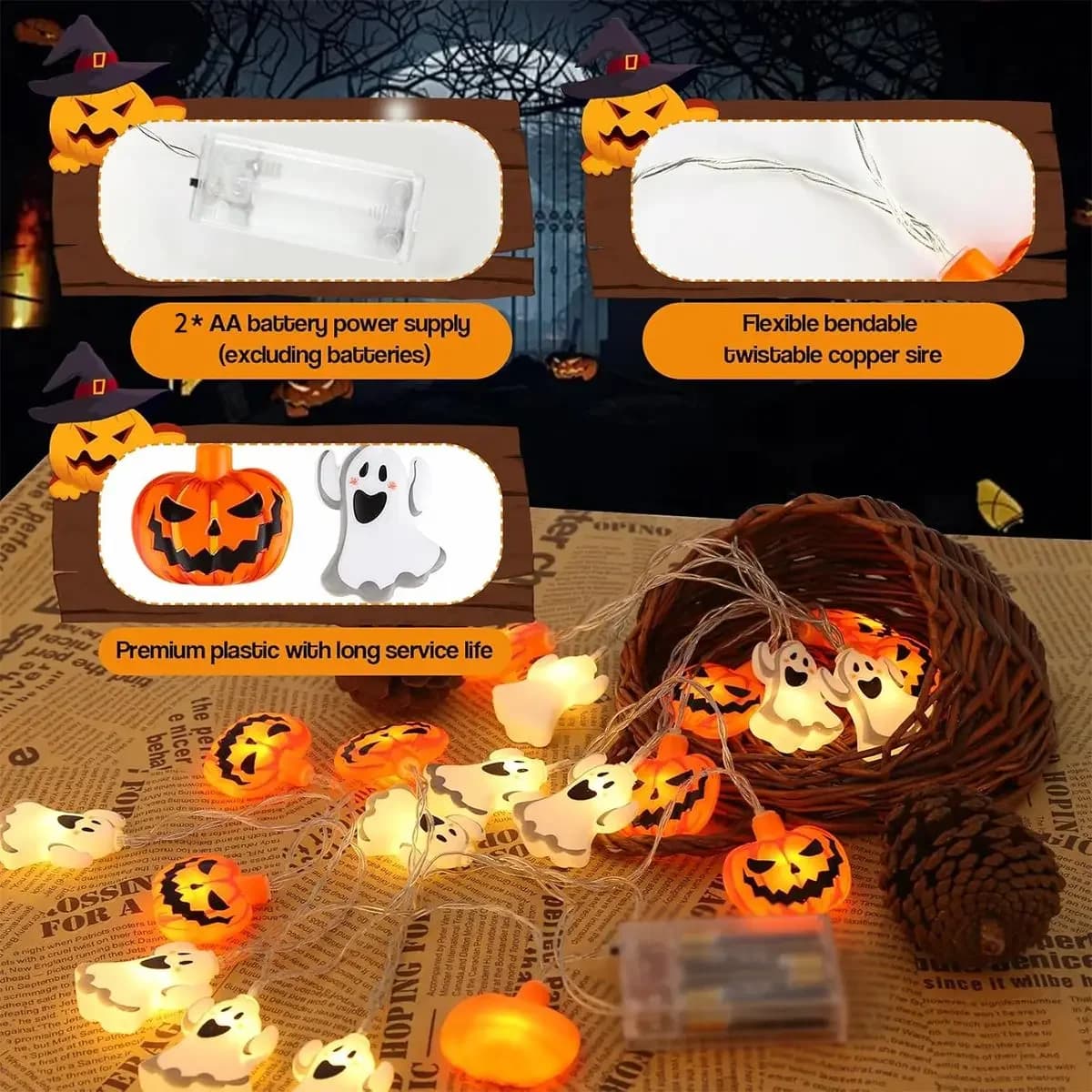 Luces LED Tira Halloween Fantasmas y Calabazas a Pilas