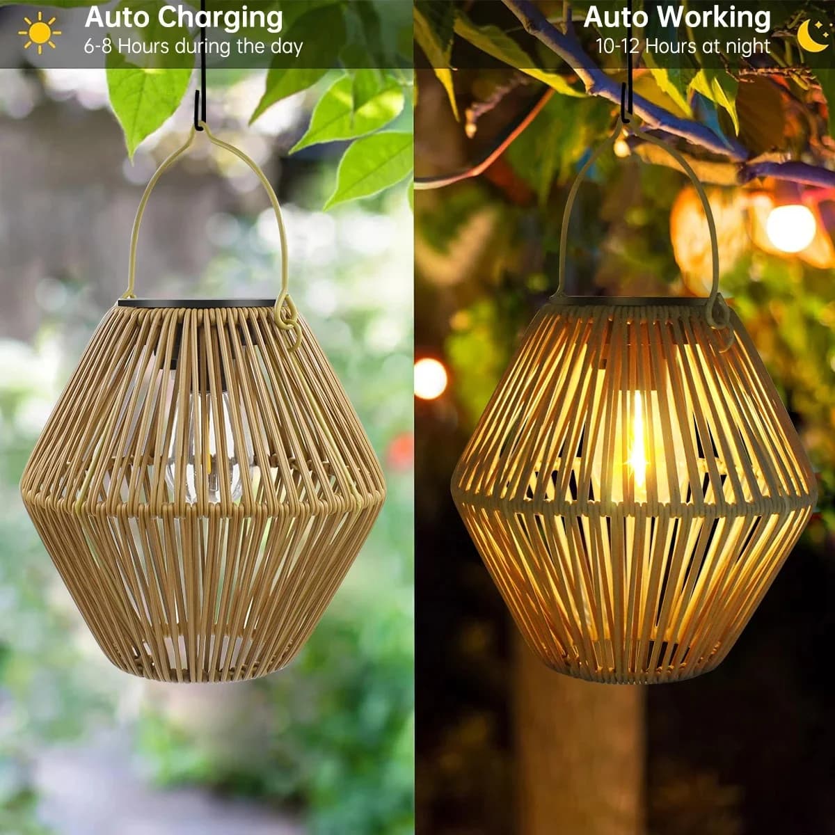 Farol colgante solar artesanal de mimbre y ratán