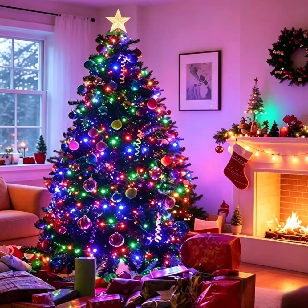 Luces navideñas LED de árbol de 280 luces con estrella superior y mando a distancia