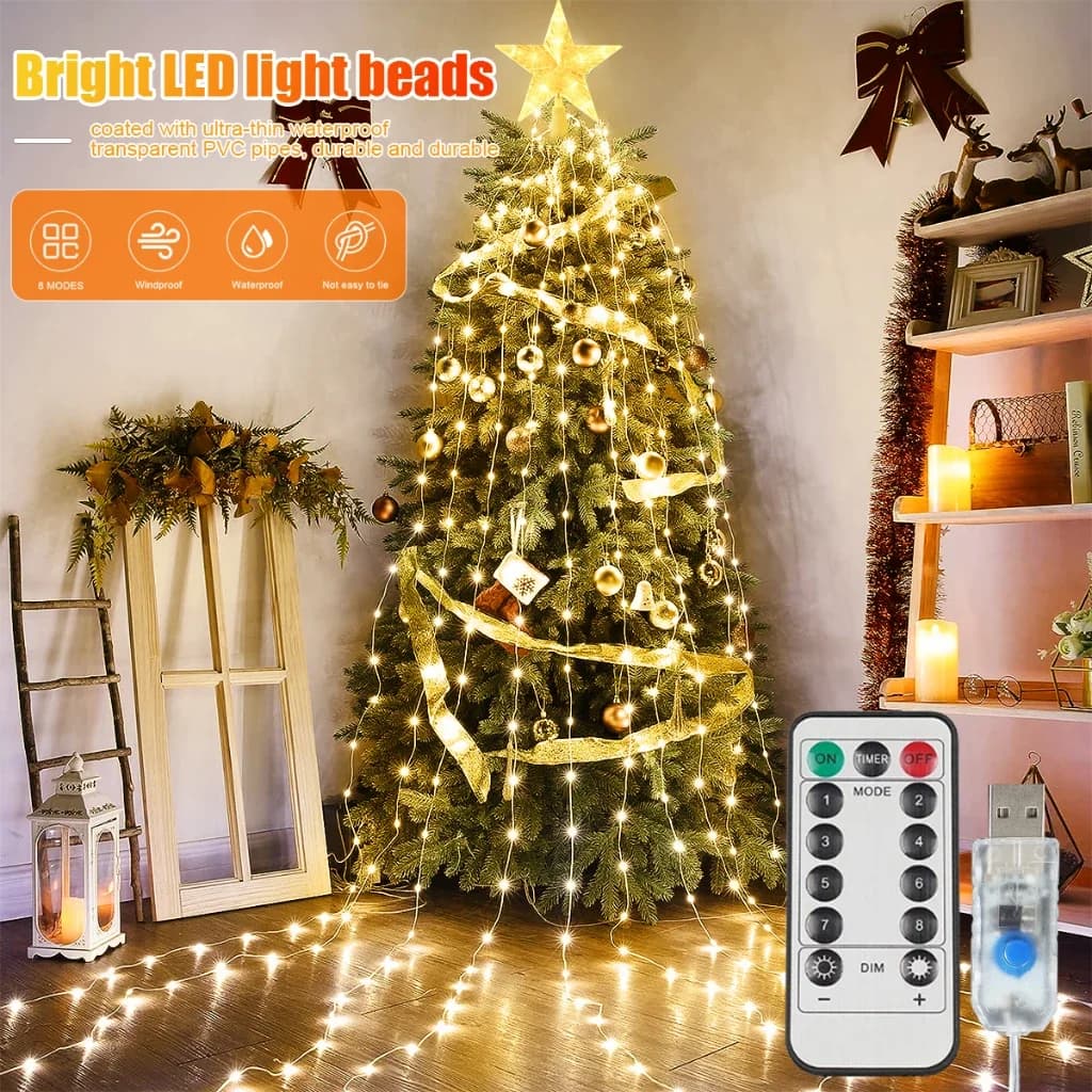 Guirnalda de luces cascada USB, LED decorativa blanco cálido y multicolor