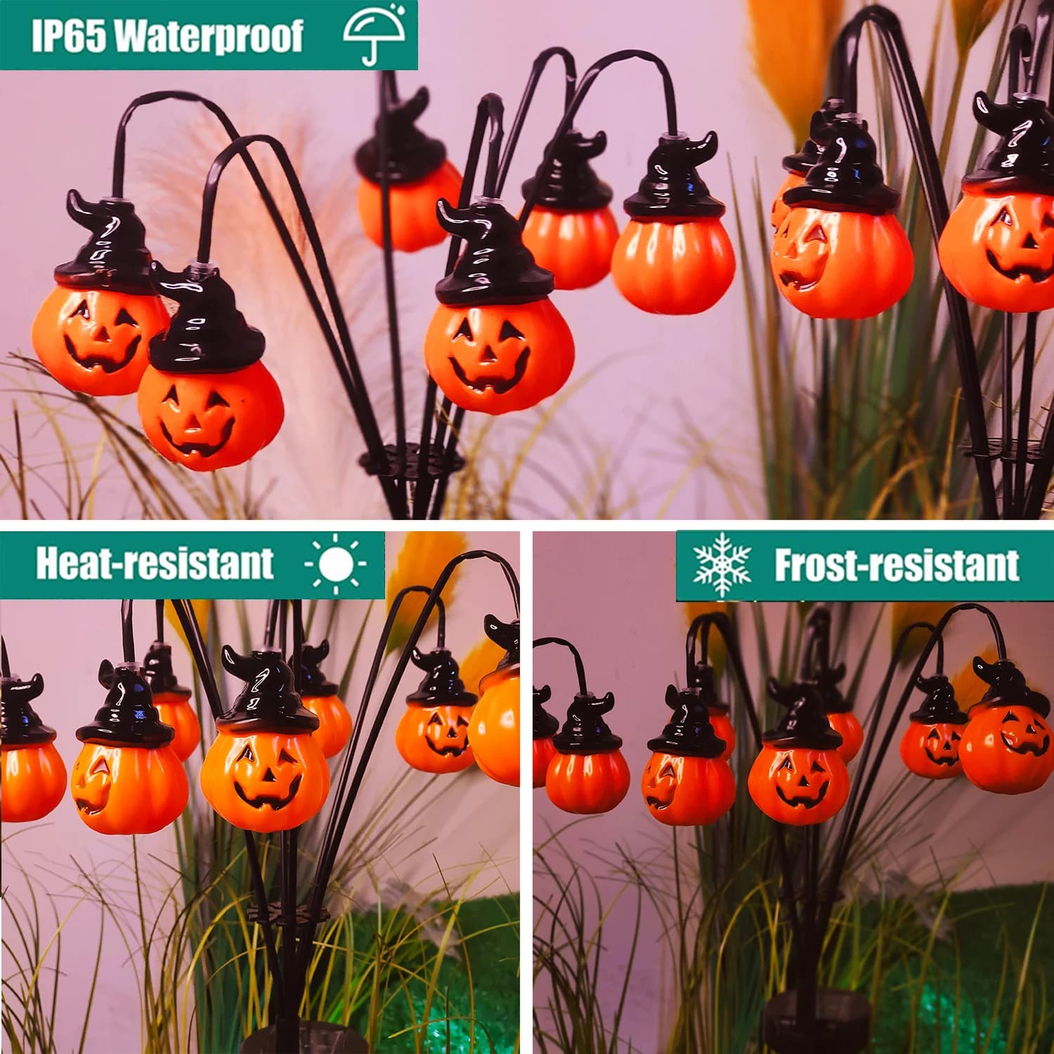Estaca de jardín con calabaza solar y sombrero de bruja, 6 LED
