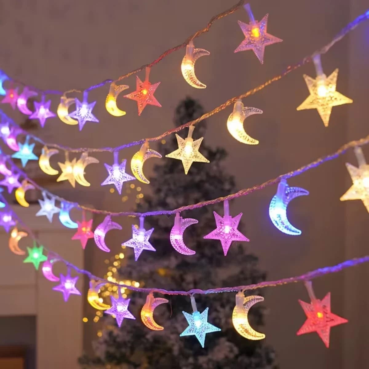 Luces de cadena solares estrella y luna blanco cálido multicolor