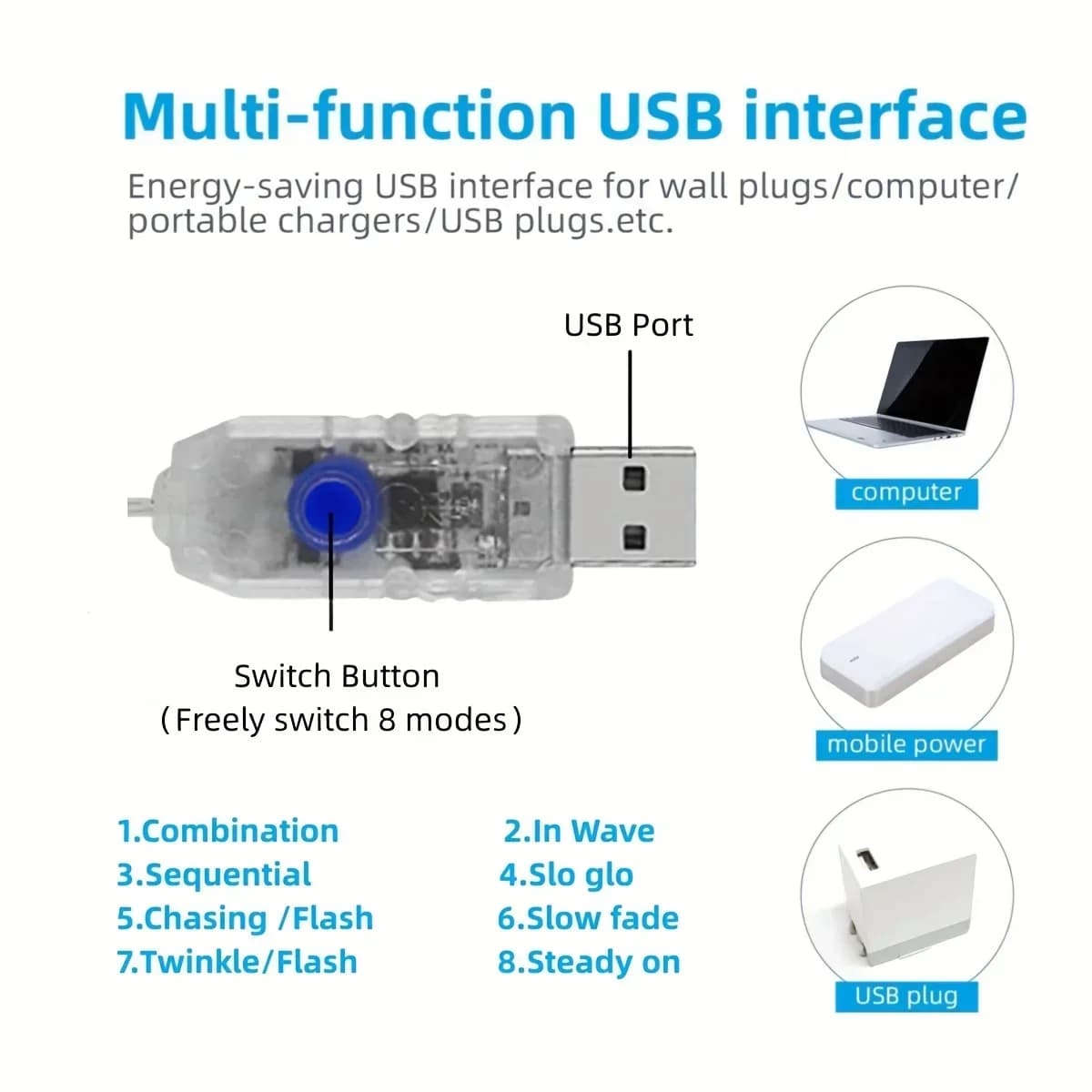 Guirnalda LED de cascada por USB, blanco cálido y colorida