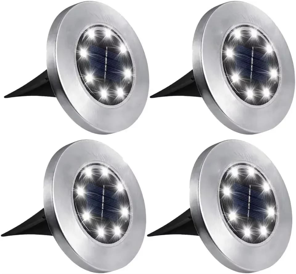 Set de 4 luces LED solares de disco para deck, 8 LEDs