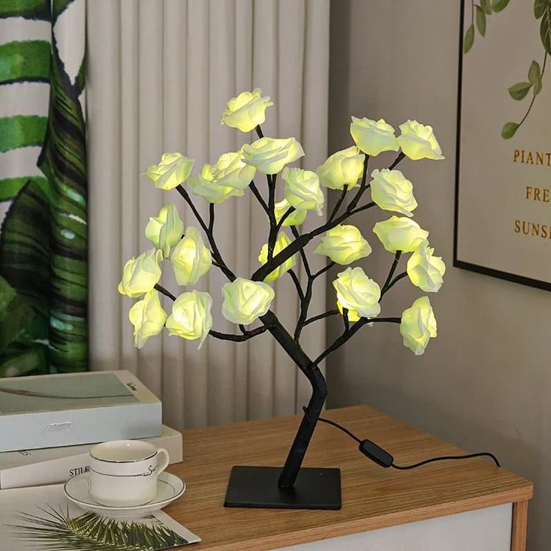 Lámpara de mesa árbol de rosas con 24 LED, multicolor USB
